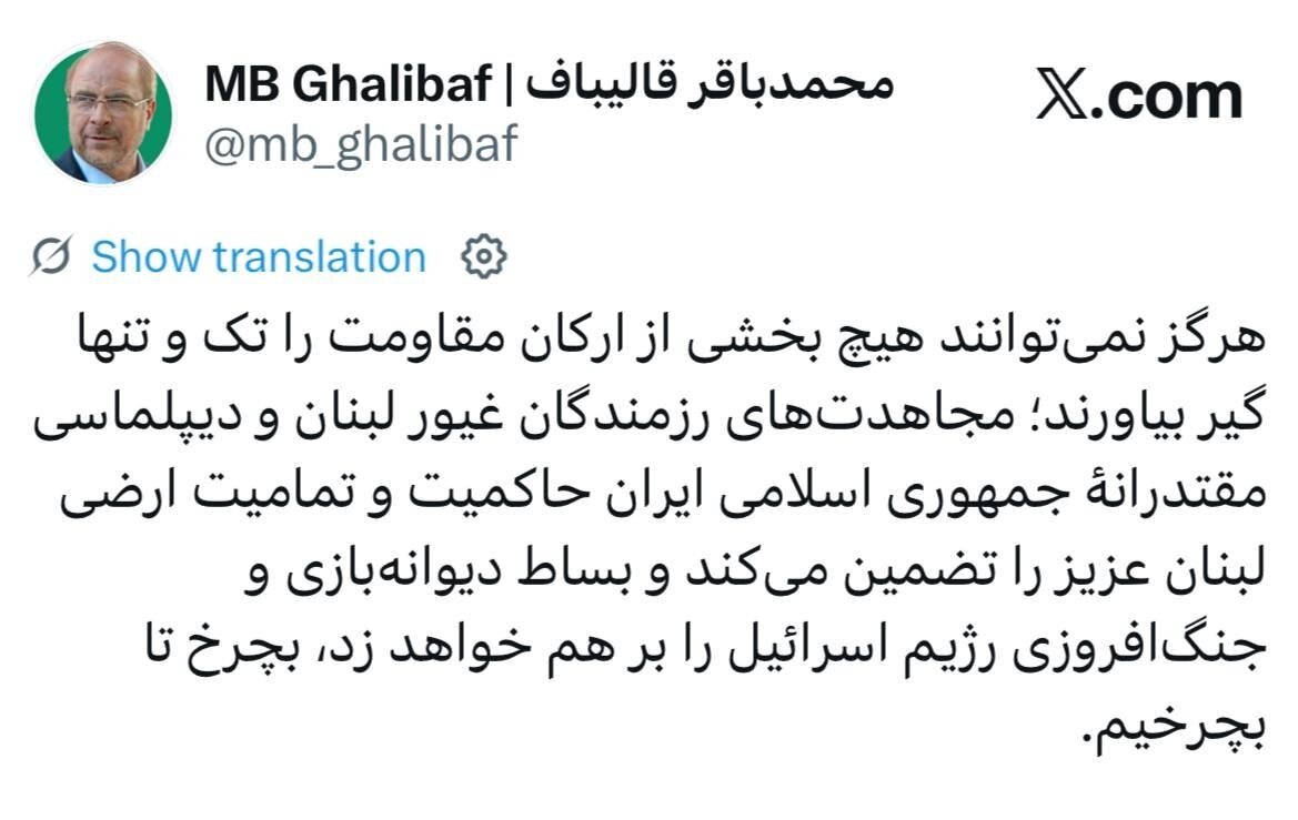 مجاهدت‌ رزمندگان لبنان و دیپلماسی مقتدرانه ایران حاکمیت و تمامیت ارضی لبنان عزیز را تضمین می‌کند / هرگز نمی‌توانند هیچ بخشی از ارکان مقاومت را تک و تنها گیر بیاورند